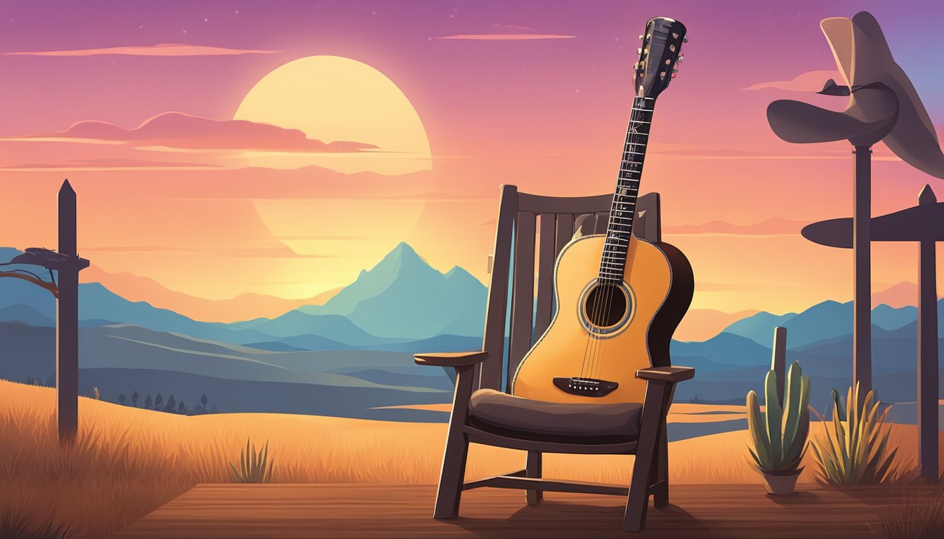 A cowboy hat and guitar sit on a wooden chair next to a vintage microphone, set against a backdrop of a sunset over a western landscape