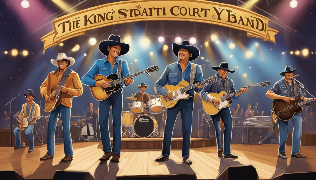 A group of musicians playing on stage with a banner reading "The King's Court: George Strait's Band Through the Years" hanging in the background