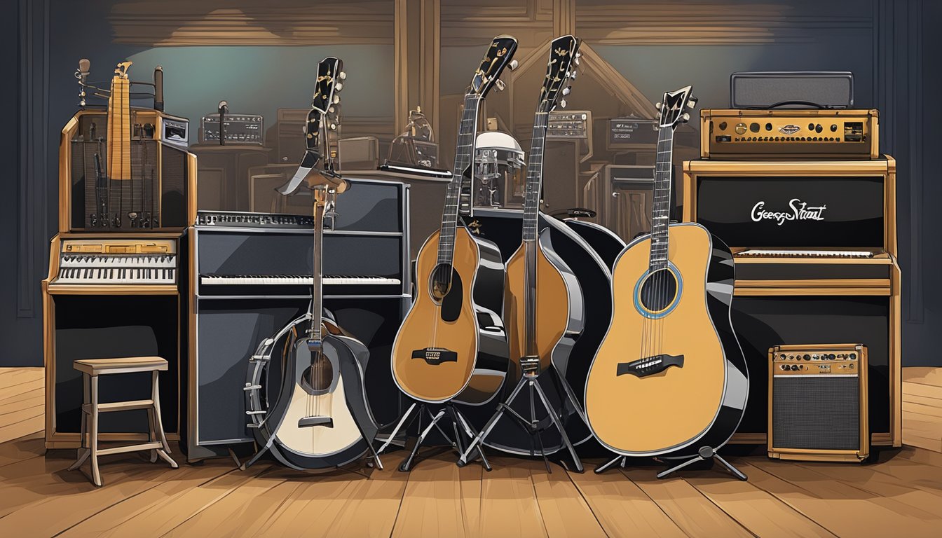 A stage set with various musical instruments and equipment, showcasing the evolution of George Strait's sound through different eras of his band's lineup