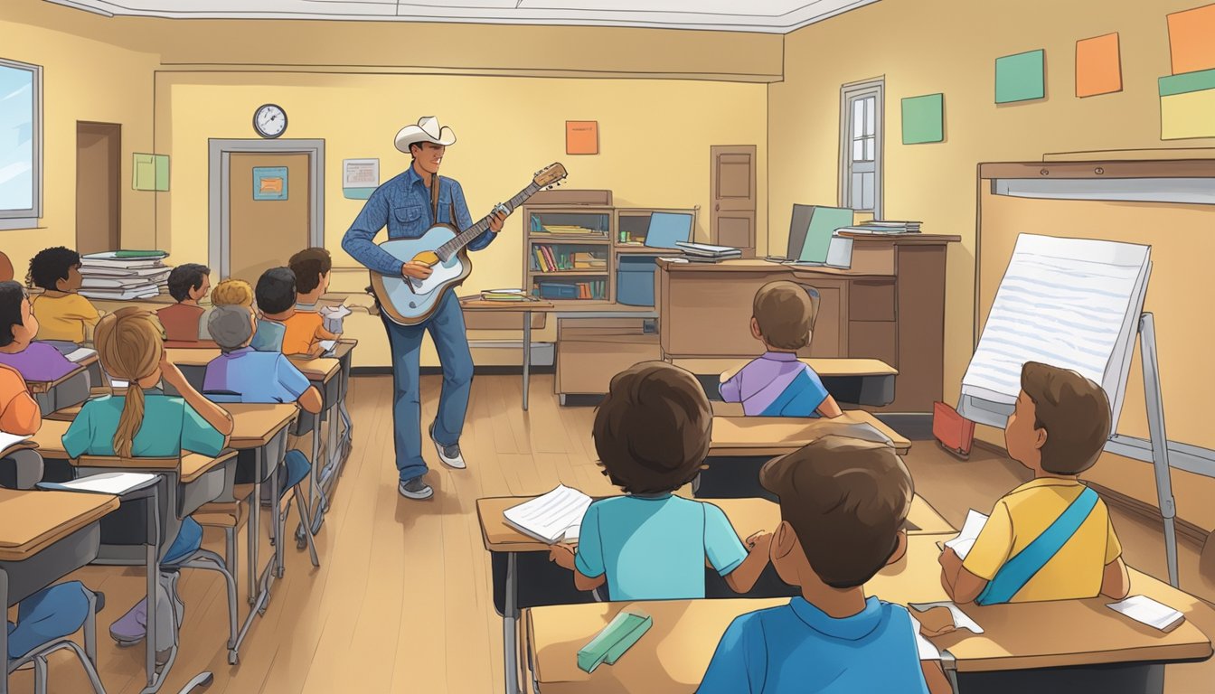 A classroom with students passing notes, while a young George Strait strums a guitar in the background