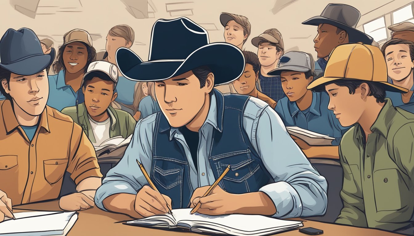 A young George Strait eagerly scribbles lyrics in a notebook, surrounded by classmates chatting and passing notes