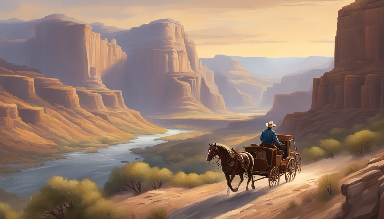 A lone cowboy rides through a rugged canyon, surrounded by towering cliffs and a winding river, with a traditional country music stagecoach in the background