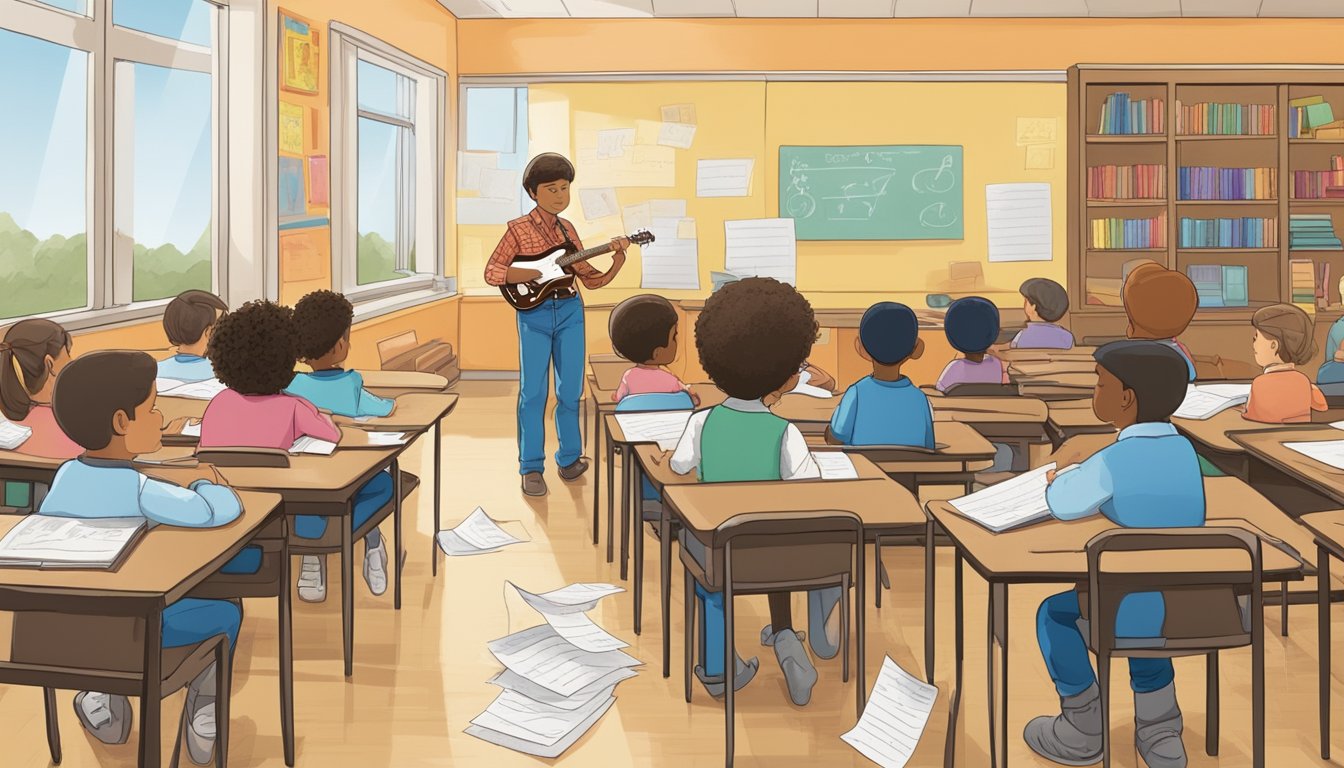 A classroom with students passing notes, while a young George Strait daydreams about his future in music