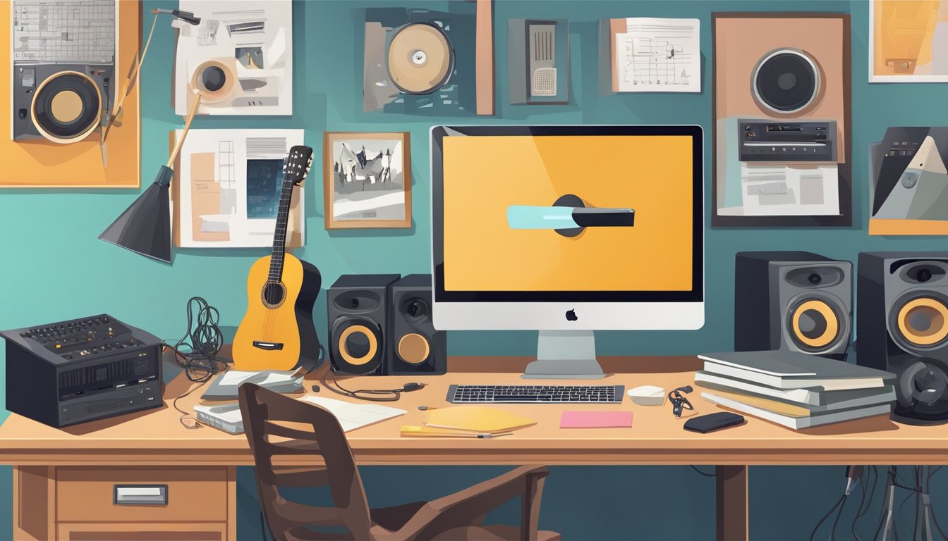 A cluttered desk with a guitar, notebook, and pen. A computer with music software and a microphone. Posters of famous musicians on the wall