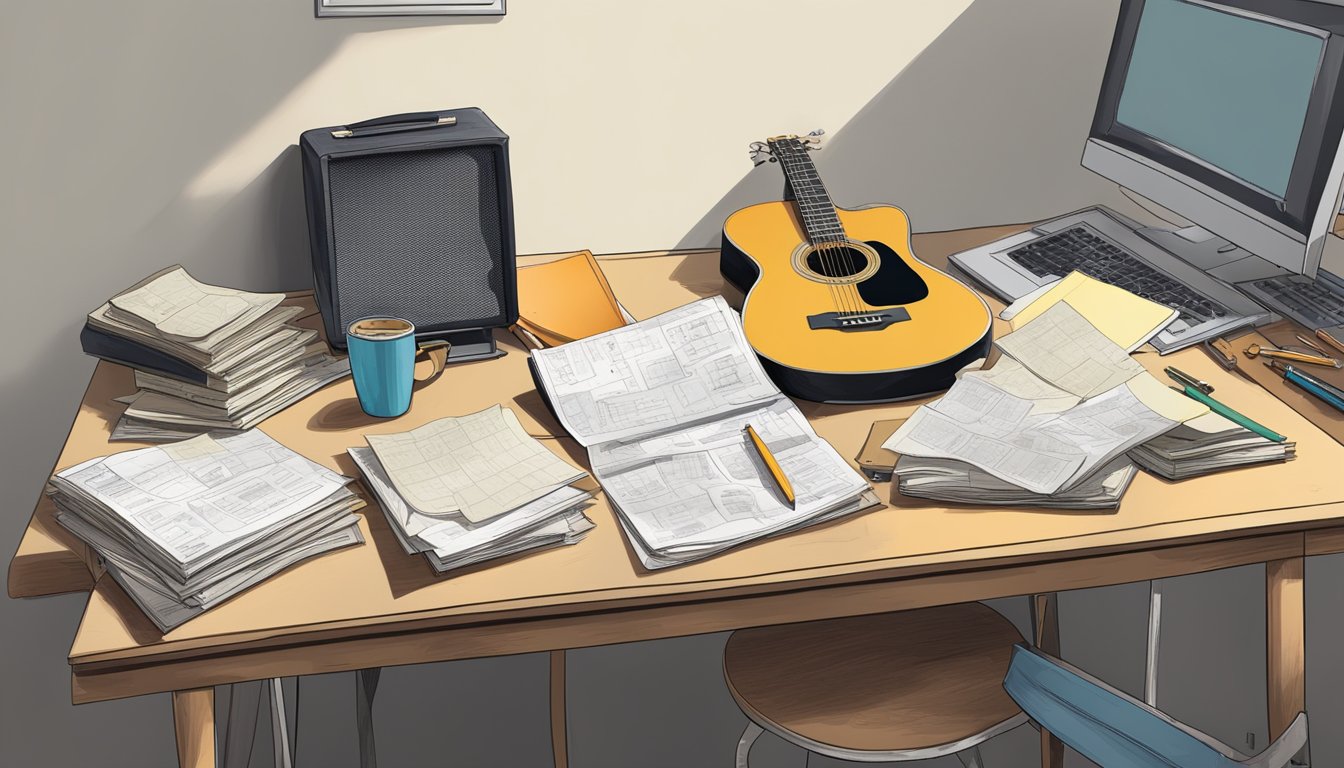 A cluttered school desk with scattered papers, a worn notebook, and a guitar in the corner