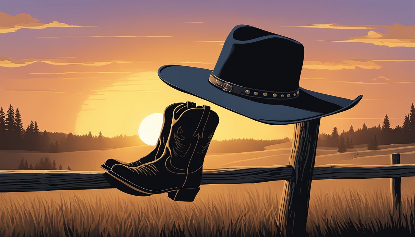 A lone cowboy hat rests on a weathered wooden fence post, with a pair of cowboy boots placed neatly beside it. The sun sets behind a silhouette of a distant barn, casting a warm glow over the scene