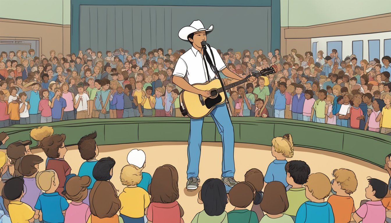 A young George Strait performing at a school talent show, surrounded by cheering classmates and teachers