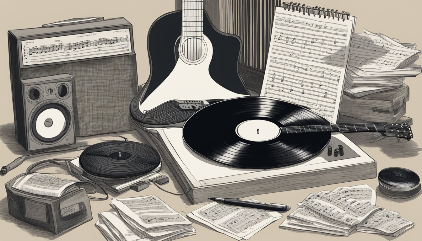 A cluttered desk with scattered sheet music, a guitar, and a notebook filled with lyrics and songwriting techniques. A worn vinyl record of George's music sits on a turntable