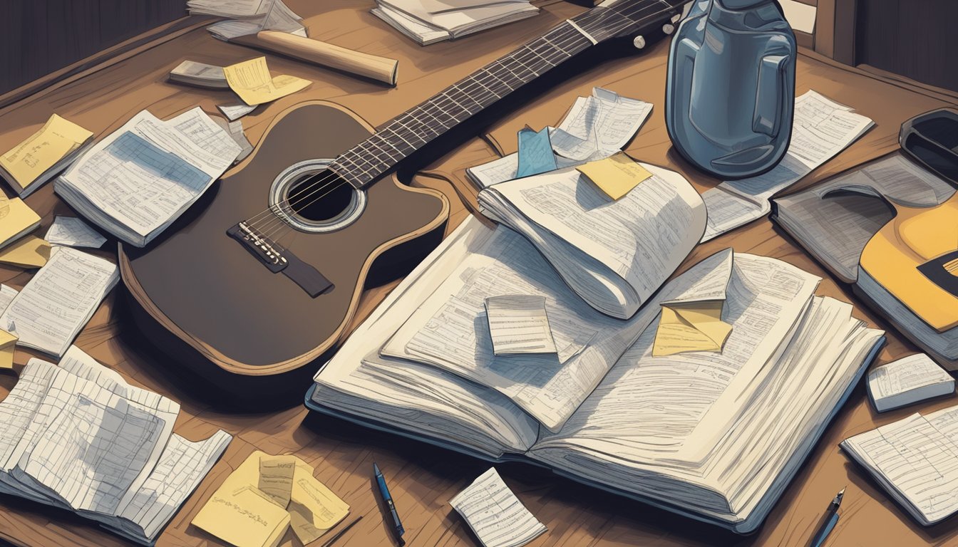 A cluttered high school desk with crumpled notes and a guitar lying next to a textbook, symbolizing George Strait's transition from passing notes to passing hits