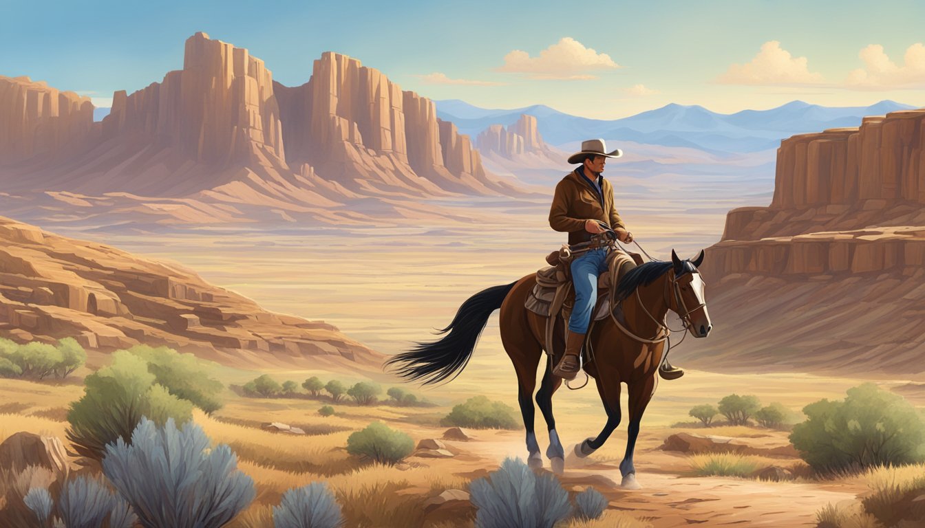 A lone cowboy riding on horseback through a rugged, mountainous terrain, surrounded by vast open plains and a clear blue sky above