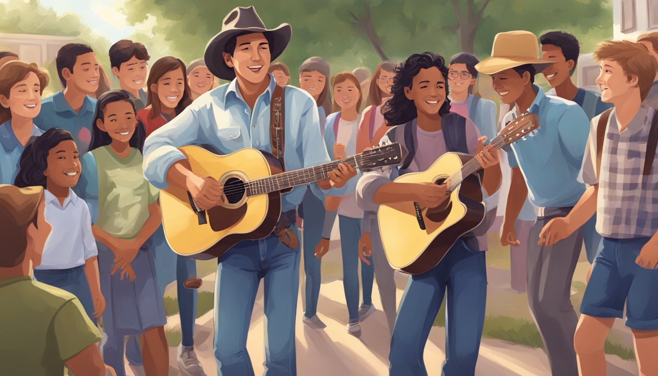 A young George Strait eagerly passes notes and strums a guitar in the schoolyard, surrounded by friends and admiring classmates