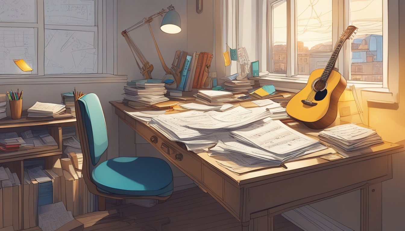 A cluttered desk with scattered papers, a guitar, and a notebook filled with scribbles and musical notations. A window lets in soft light, casting a warm glow on the creative chaos