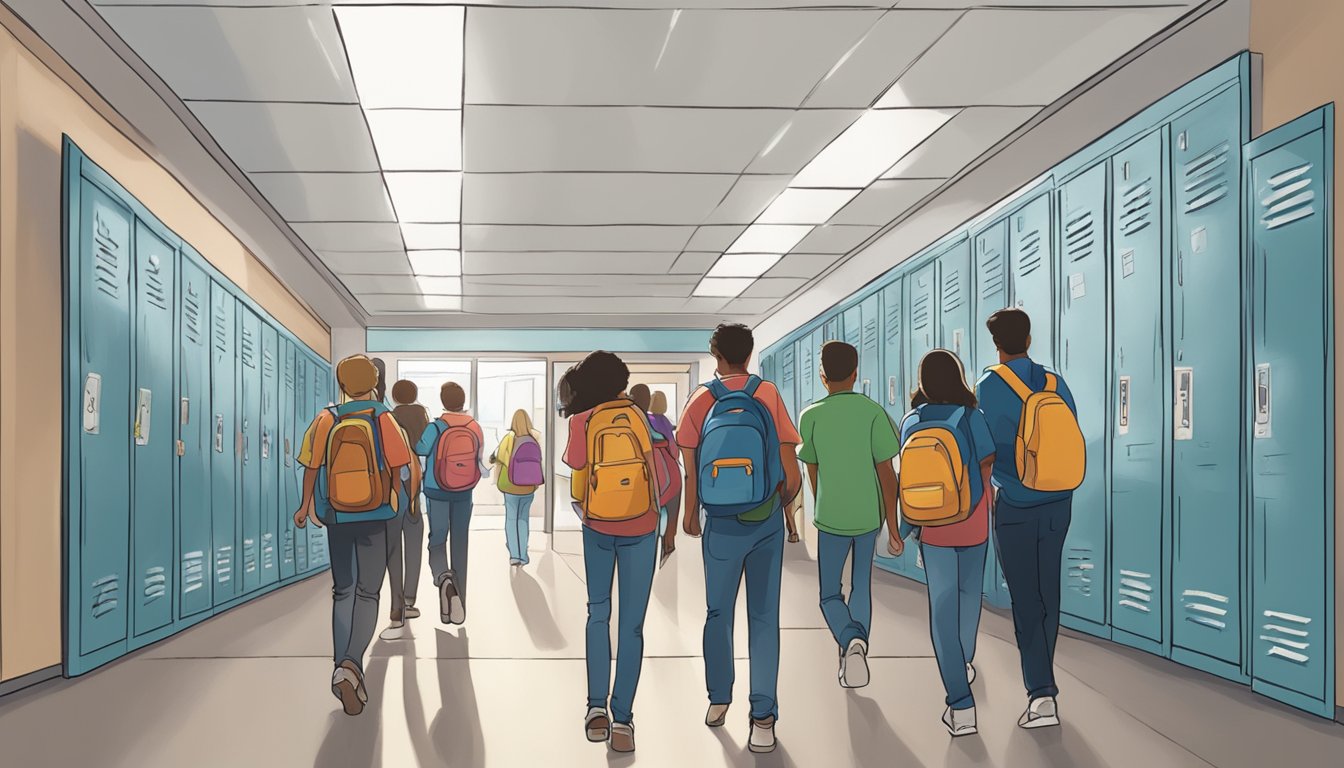 A school hallway lined with lockers and filled with students passing notes and listening to George Strait's music