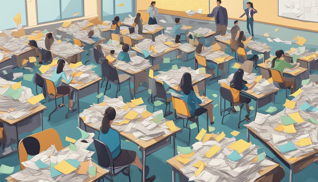 A classroom desk covered in crumpled notes, surrounded by students passing them eagerly