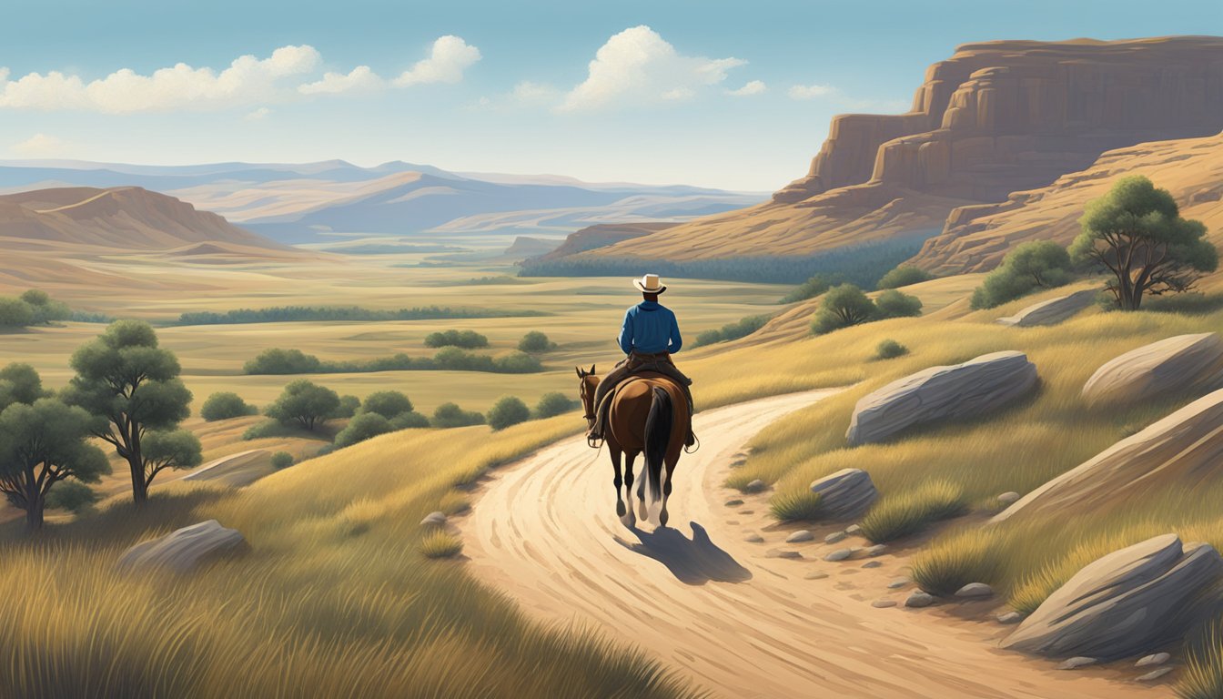 A lone cowboy riding a horse along a rugged, winding path through a vast, open prairie, with a backdrop of rolling hills and a clear, blue sky