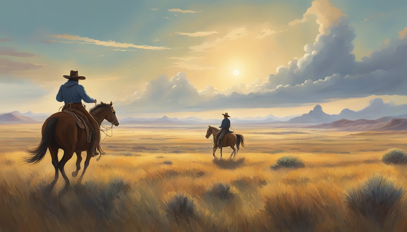 A lone cowboy riding a horse through a vast open prairie, with a guitar slung over his back and a small band of musicians following closely behind