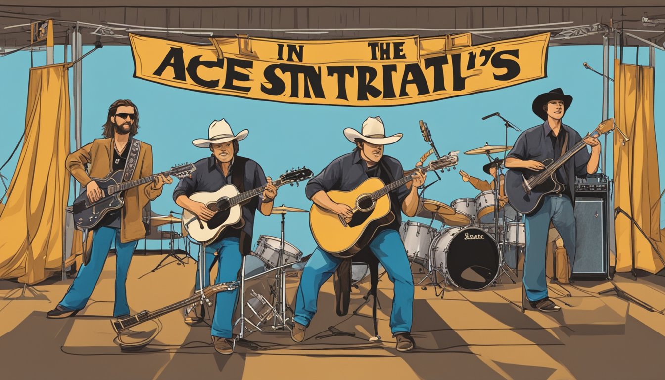 A group of musicians playing various instruments on a stage with a banner reading "Ace in the Hole: The Story Behind George Strait's Band Name."