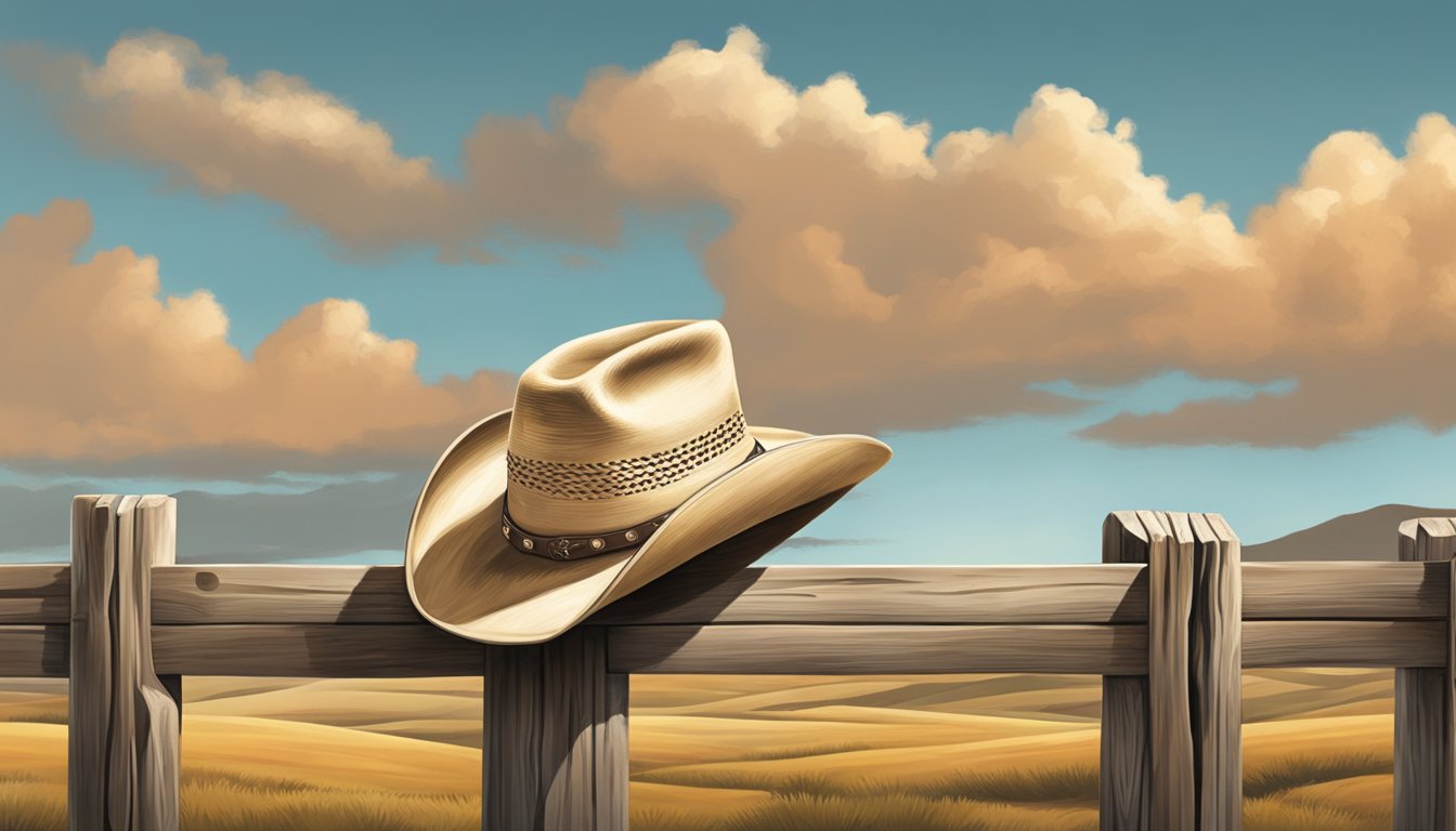 A lone cowboy hat sits atop a weathered wooden fence, surrounded by rolling hills and a big Texas sky