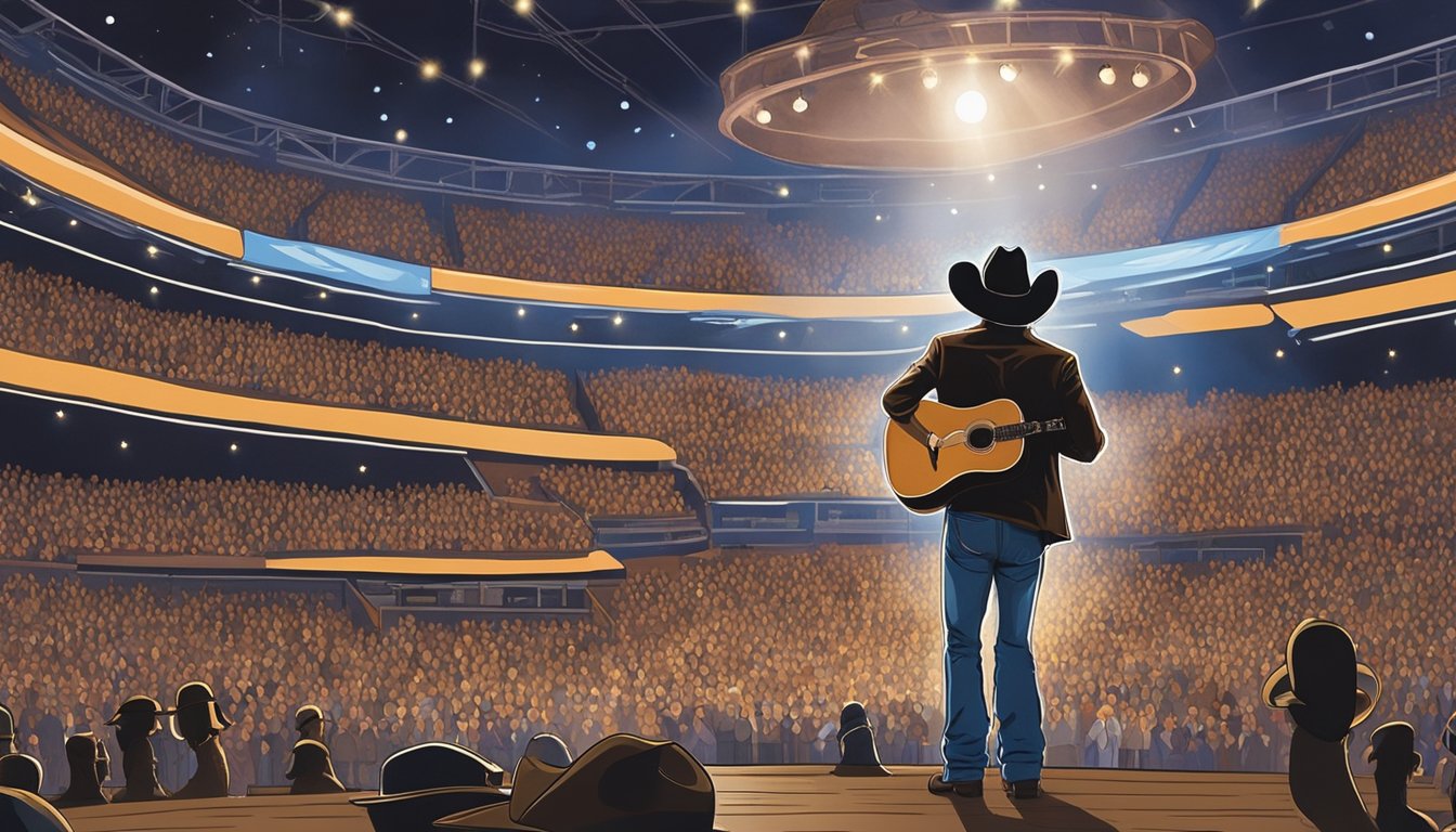 A lone guitar stands center stage, surrounded by a spotlight, cowboy boots, and a Stetson hat. Posters of George Strait line the walls, while a crowd of adoring fans fills the arena