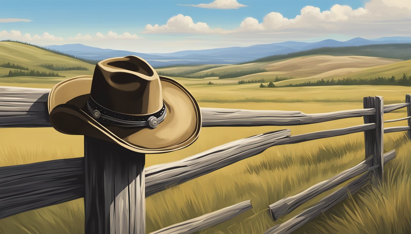 A lone cowboy hat rests on a weathered fence post, surrounded by rolling hills and a vast open sky