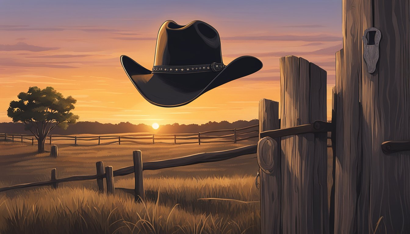 A lone cowboy hat rests atop a weathered wooden fence post, with a guitar leaning against it. The sun sets behind a distant silhouette of a small Texas town