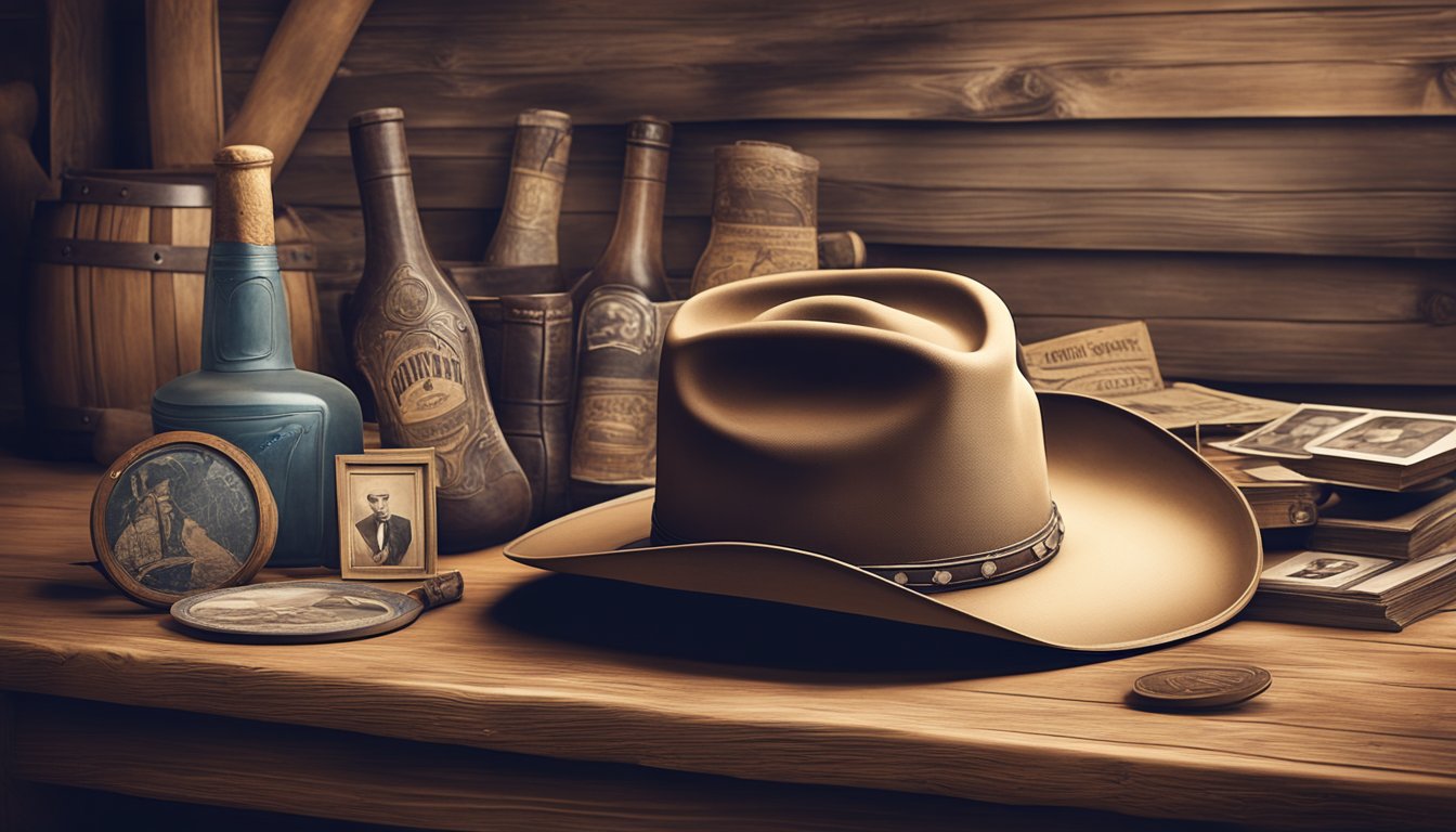 A cowboy hat displayed on a rustic wooden table, surrounded by vintage photos and country music memorabilia