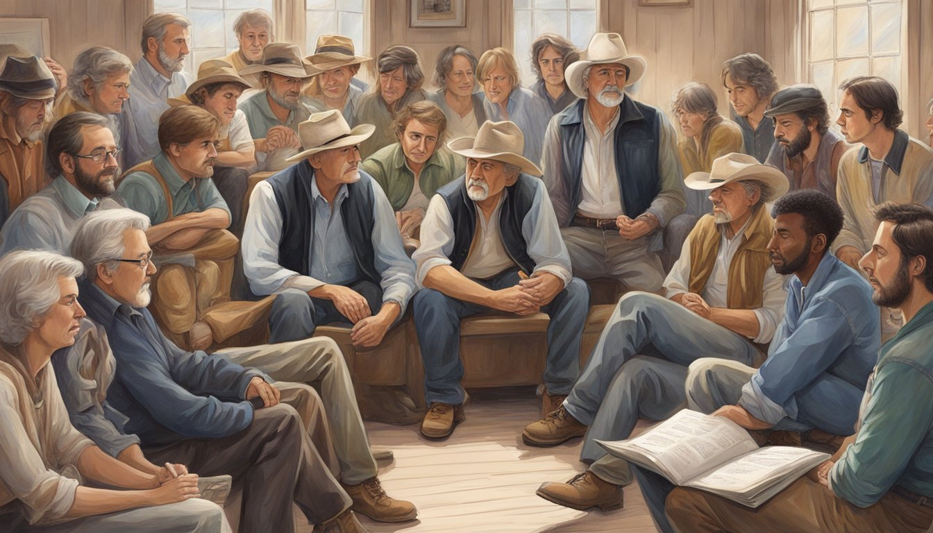 A group of country artists gather around George, listening intently as he shares his wisdom and experience. His influence is evident in their eager expressions and the notes of inspiration in the air