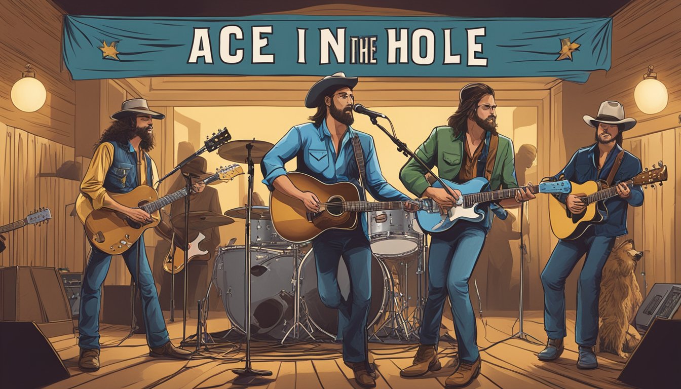 A group of musicians playing country music on a stage, with a large banner displaying the band name "Ace in the Hole" in the background