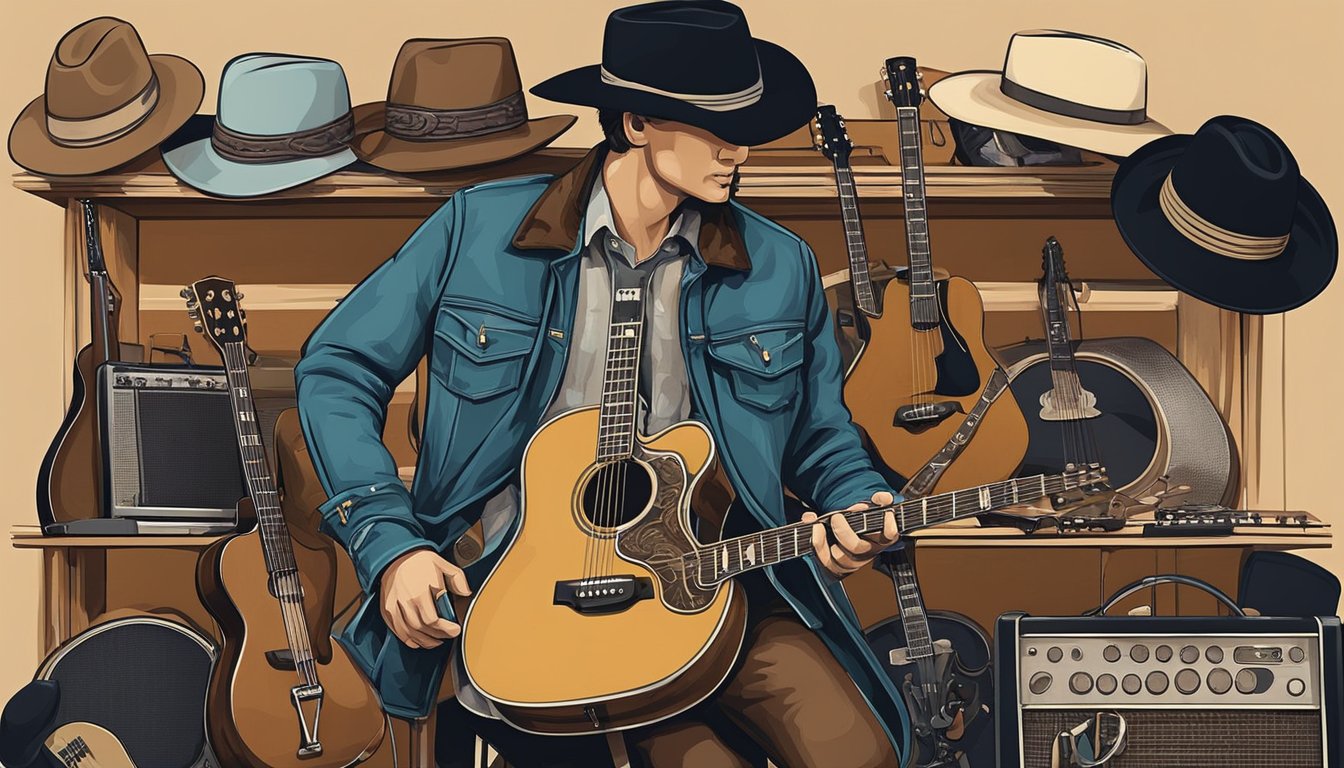 A cowboy hat on a vintage microphone stand surrounded by guitars and stylish clothing from different eras