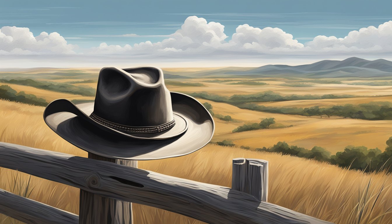 A lone cowboy hat sits atop a weathered wooden fence post, surrounded by rolling Texas hills and a vast open sky