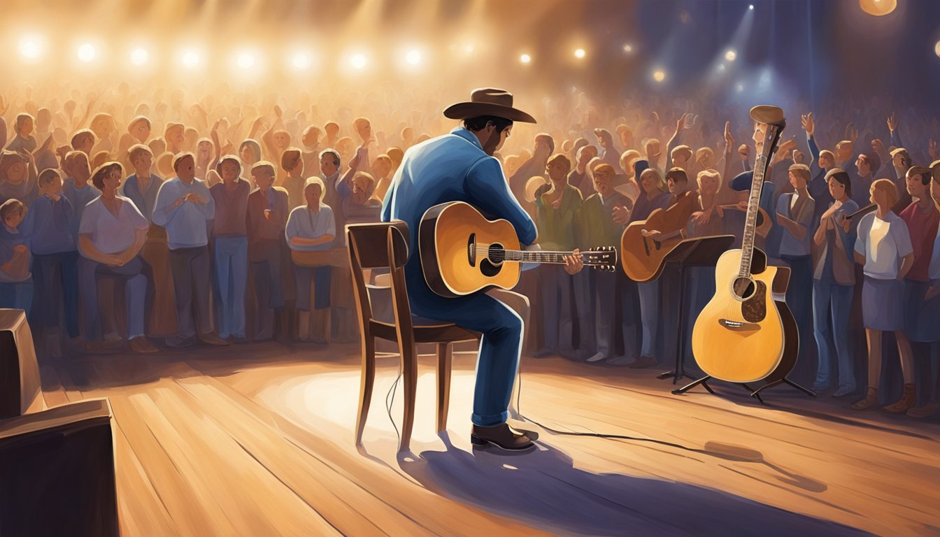 A lone guitar sits on a stage, bathed in a spotlight, while a crowd of onlookers watches in awe. The sound of George's music fills the air, inspiring a new generation of country artists