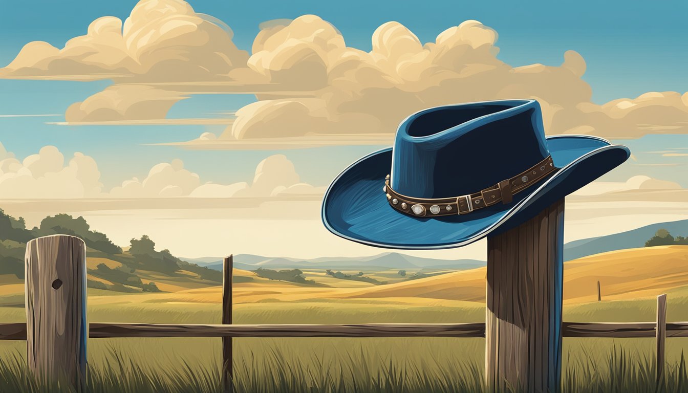 A cowboy hat on a weathered wooden fence post, surrounded by rolling hills and a bright blue sky