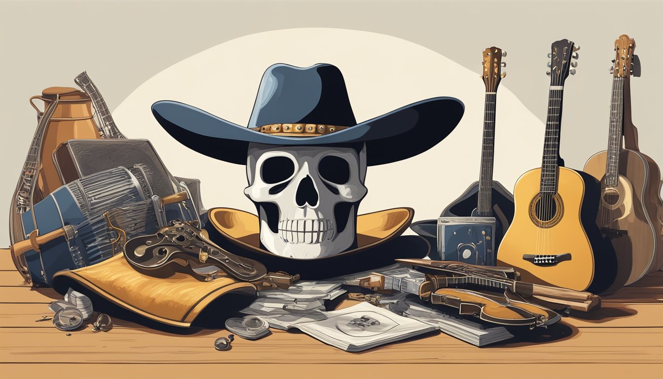 A lone ace of spades lies in the center of a spotlight, surrounded by a collection of musical instruments and cowboy hats