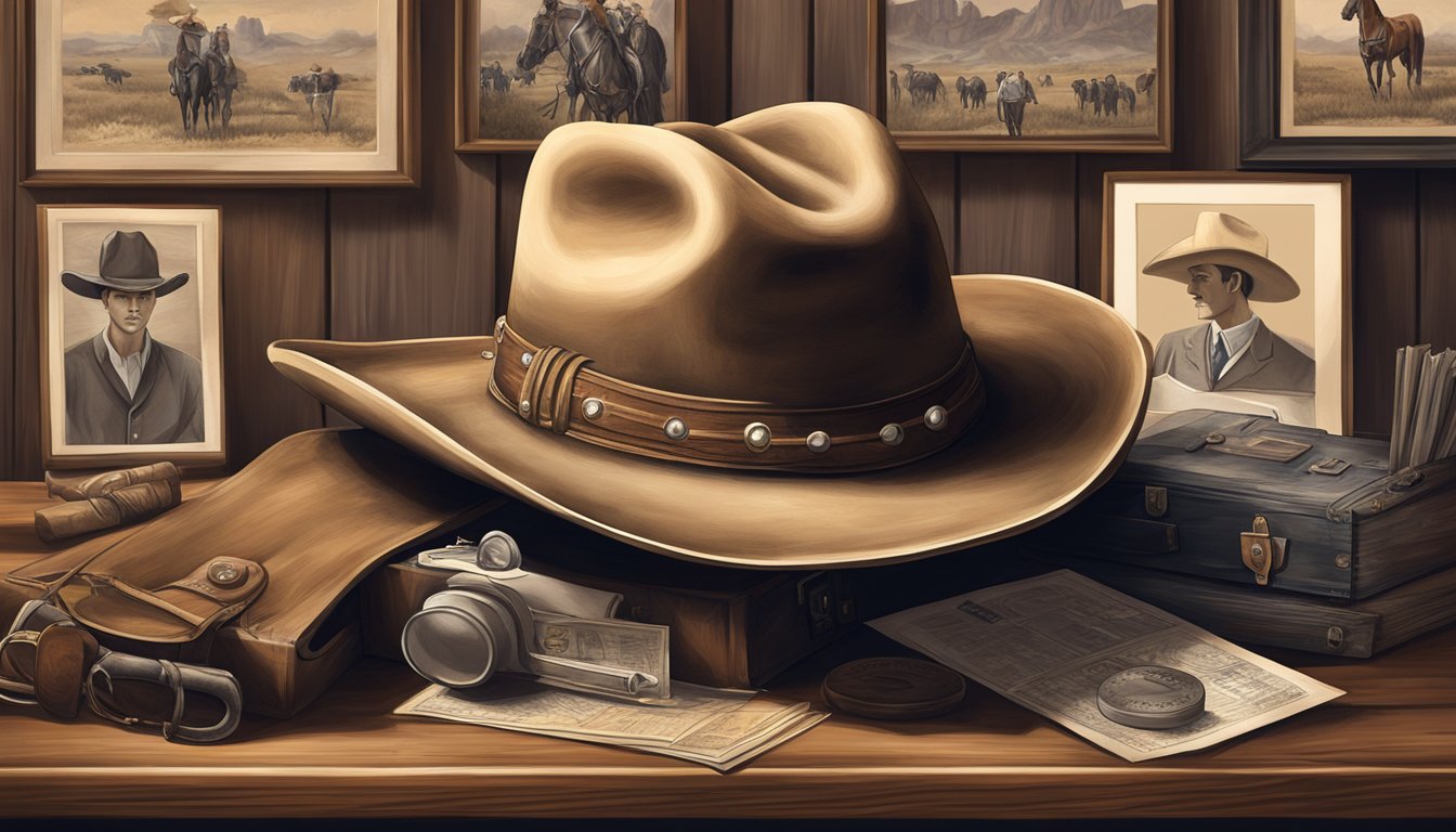 A cowboy hat on a wooden hat rack, surrounded by vintage photos and memorabilia