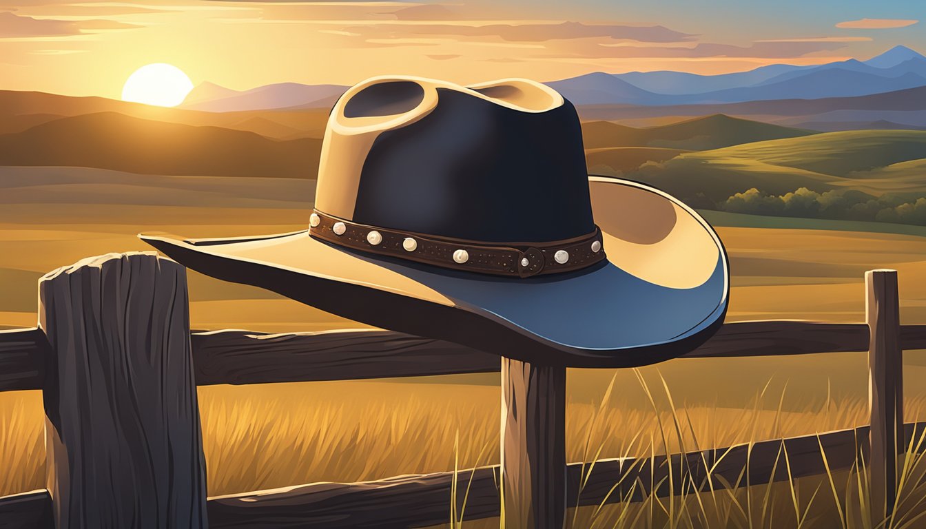 A lone cowboy hat rests on a weathered fence post, surrounded by rolling hills and a setting sun