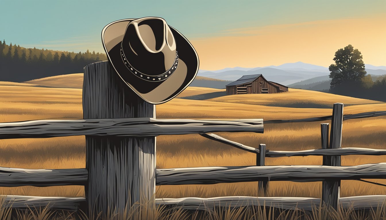 A cowboy hat on a weathered fence post, surrounded by rolling hills and a rustic barn in the background