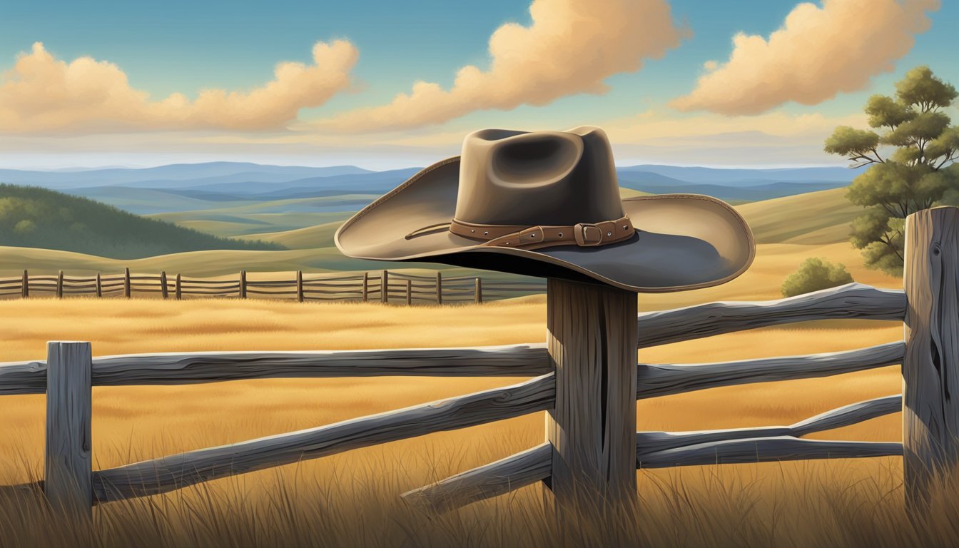 A lone cowboy hat resting on a weathered fence post, surrounded by rolling hills and a vast open sky