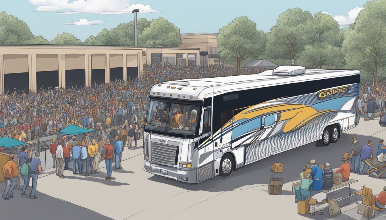 George Strait's tour bus parked outside a bustling arena, surrounded by crew unloading equipment and fans eagerly waiting for the show