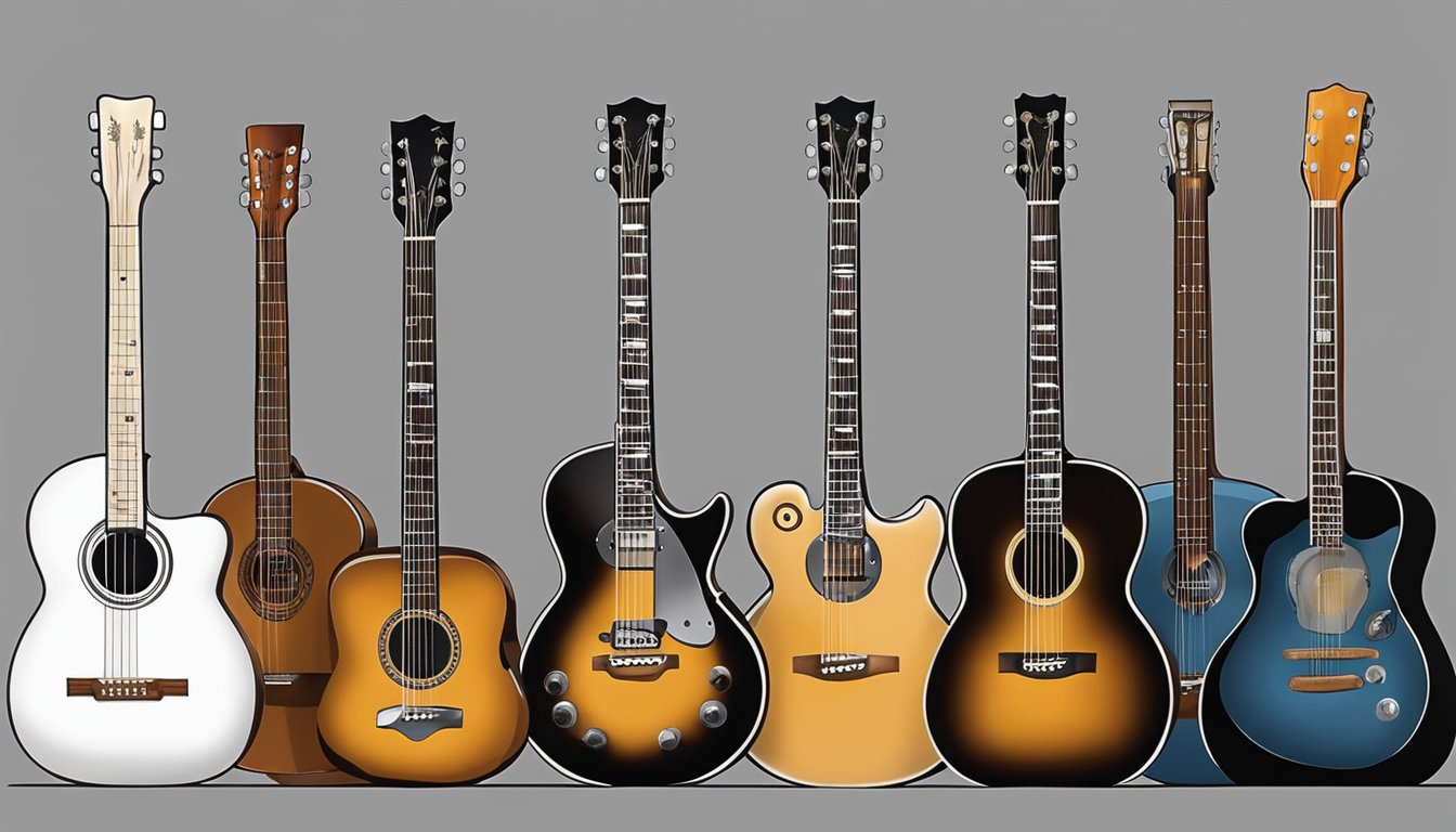 A collection of guitars, each with unique designs and features, displayed on a wall. The instruments range from classic acoustic to modern electric, reflecting the evolution of George Strait's sound