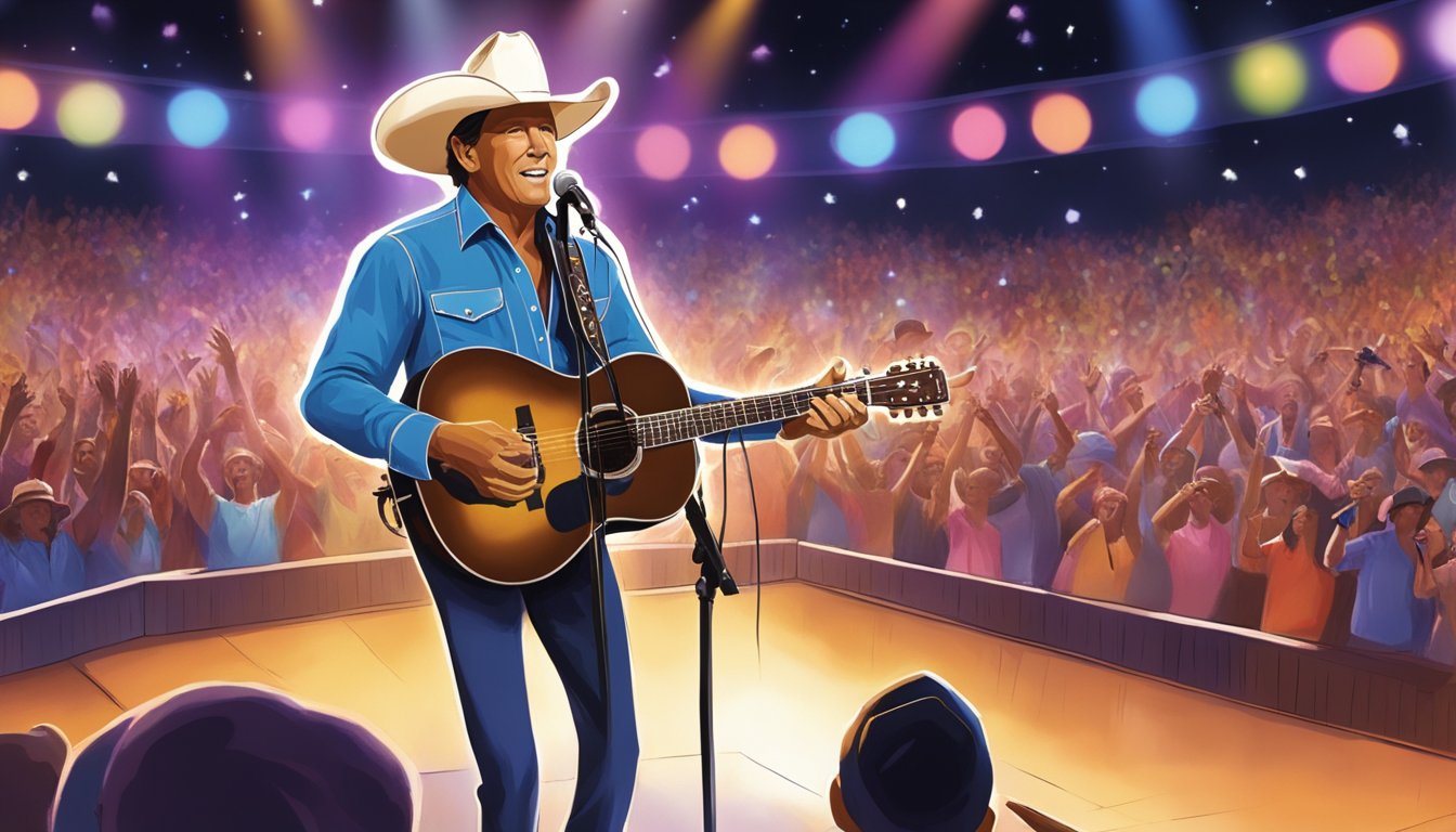 George Strait performs on stage in front of a lively crowd, with his band playing alongside him. The stage is lit up with colorful lights and the atmosphere is filled with energy and excitement