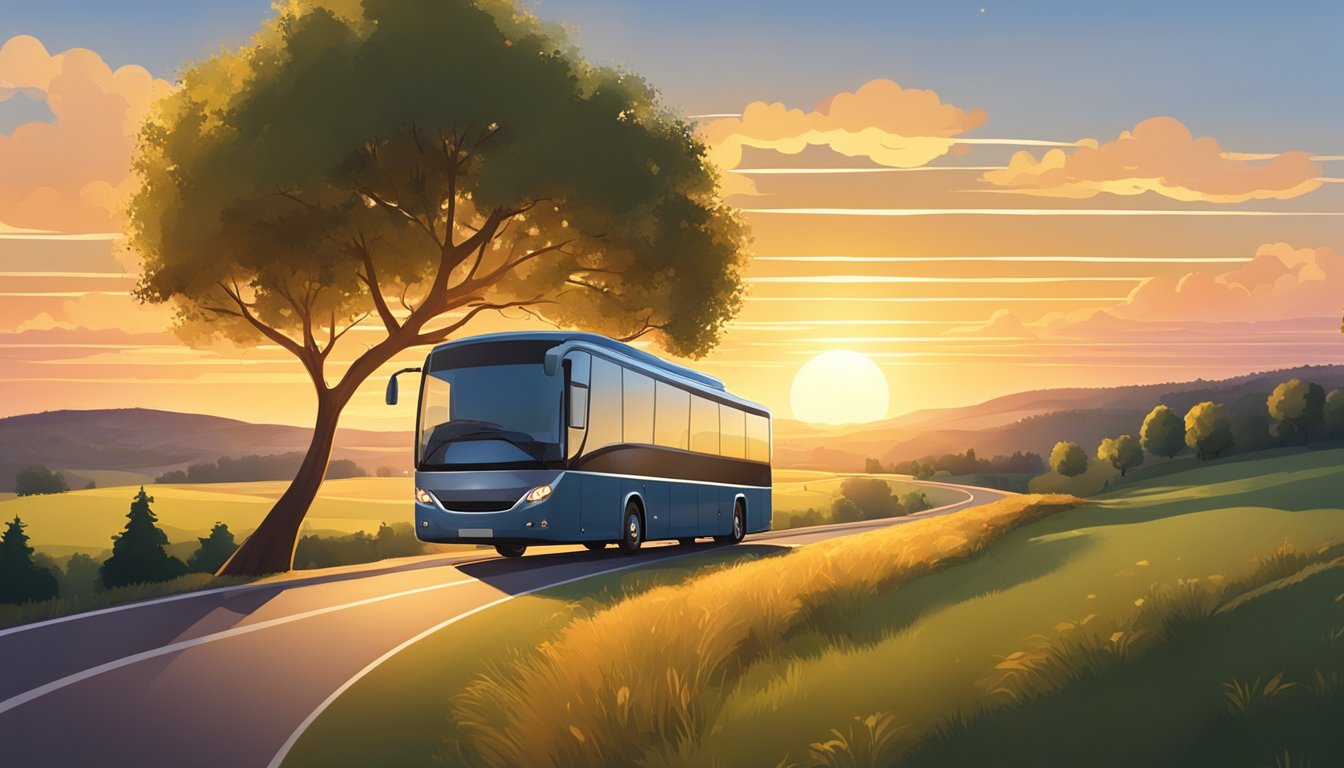 A tour bus drives down a winding road, passing through scenic countryside. The sun is setting, casting a warm glow over the landscape