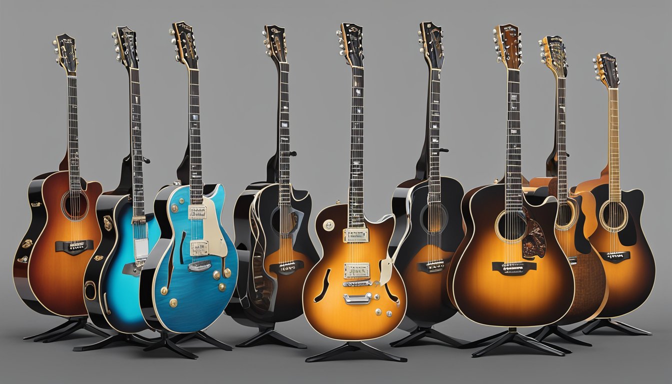 A collection of iconic guitars displayed on stands with spotlights, showcasing the unique custom features and designs associated with George Strait's hit songs