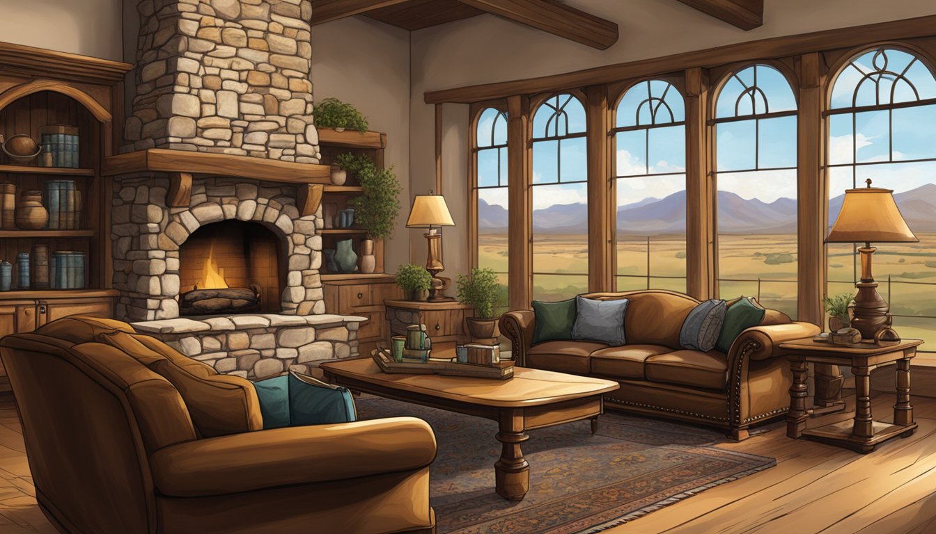 Inside the grand castle, a rustic yet elegant living room with a stone fireplace, leather furniture, and western décor. A view of the vast Texas ranch through the large windows