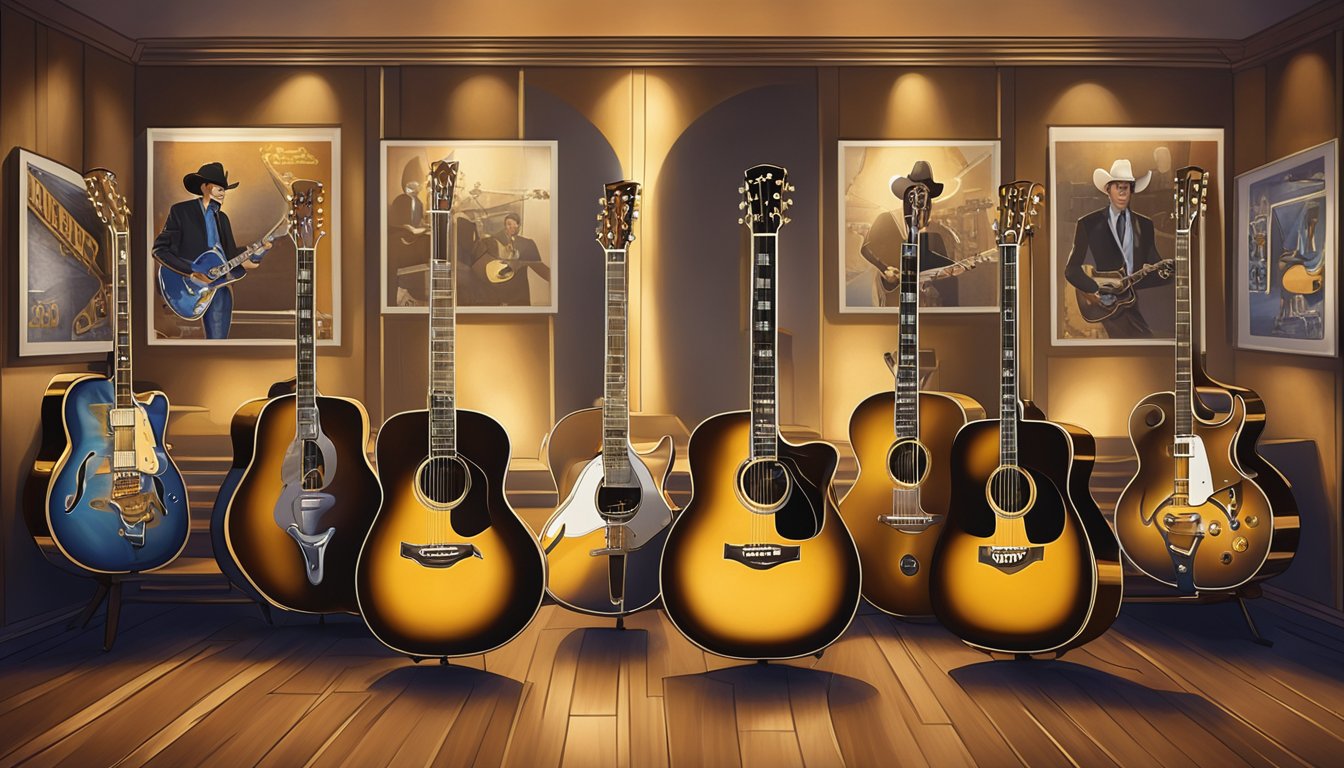 A collection of George Strait's iconic guitars displayed in a dimly lit room, set against a backdrop of gold records and concert posters