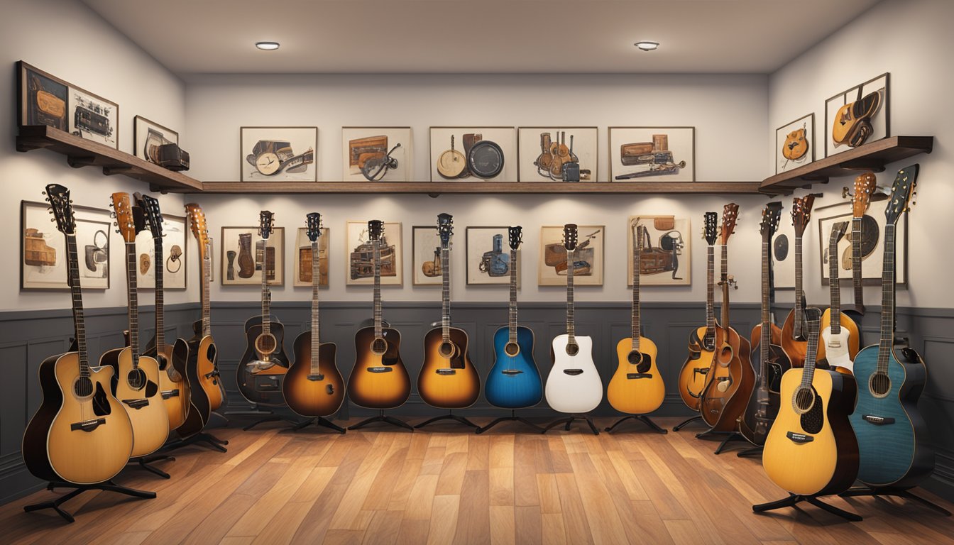 George Strait's iconic guitar collection displayed in a well-lit, spacious room with vintage instruments neatly arranged on stands and mounted on the walls