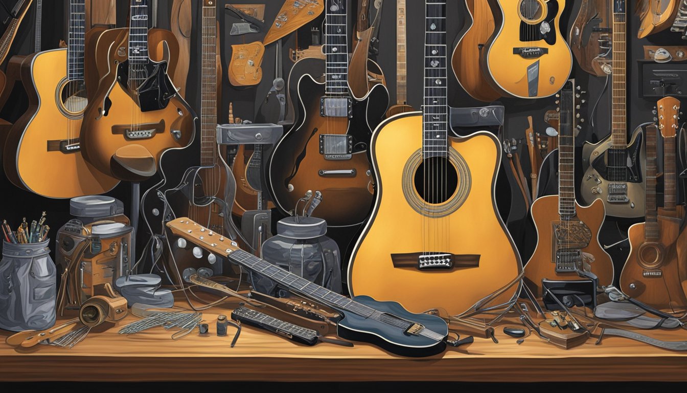 A workbench cluttered with guitar tools and strings, surrounded by George Strait's iconic guitars. A spotlight illuminates the collection, highlighting the craftsmanship and dedication to guitar maintenance