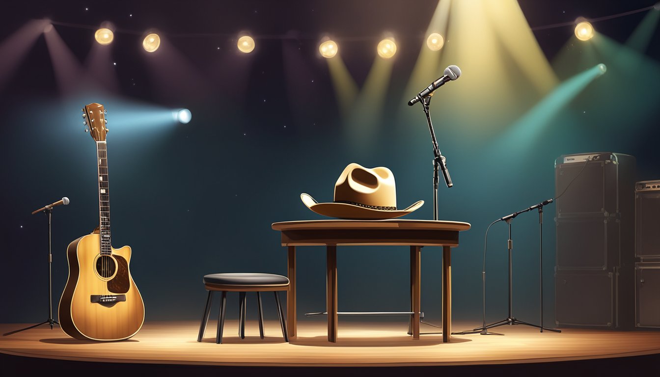 A cowboy hat on a microphone stand, a guitar leaning against a stool, and a spotlight shining on an empty stage