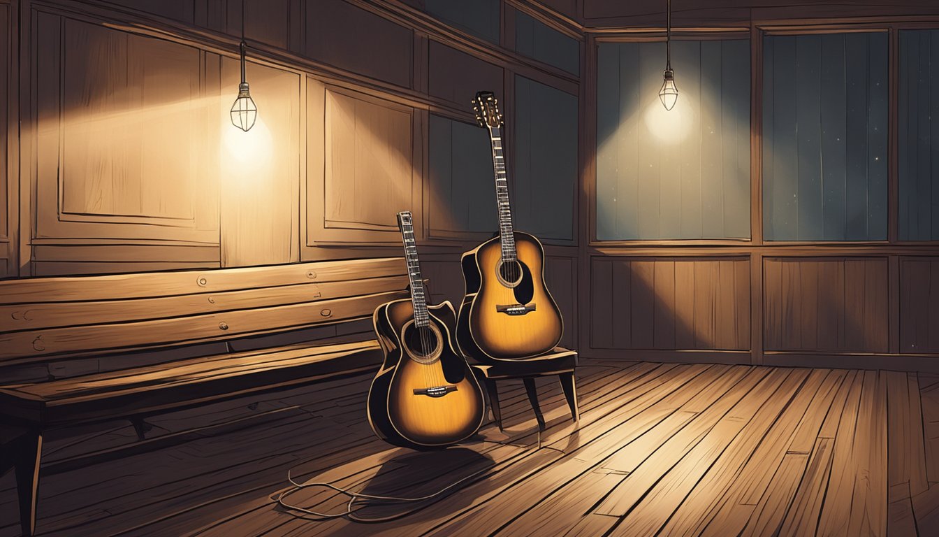 A lone guitar sits on a worn wooden stage, bathed in a spotlight. The air is filled with the melancholy notes of a heartfelt ballad