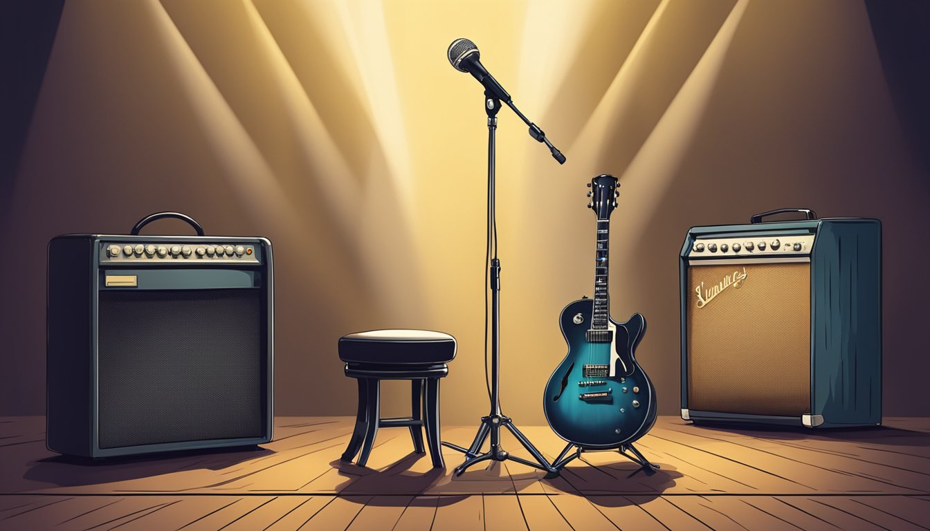 A spotlight illuminates a microphone on an empty stage, with a guitar resting against a stool and a subtle smirk on the face of a vintage amplifier