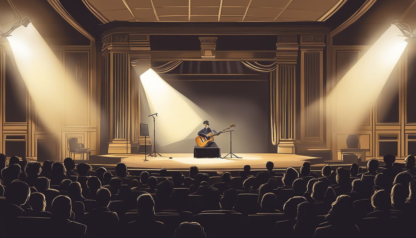 A lone guitar sits on a dimly lit stage, bathed in a spotlight, as the audience's hushed anticipation fills the air